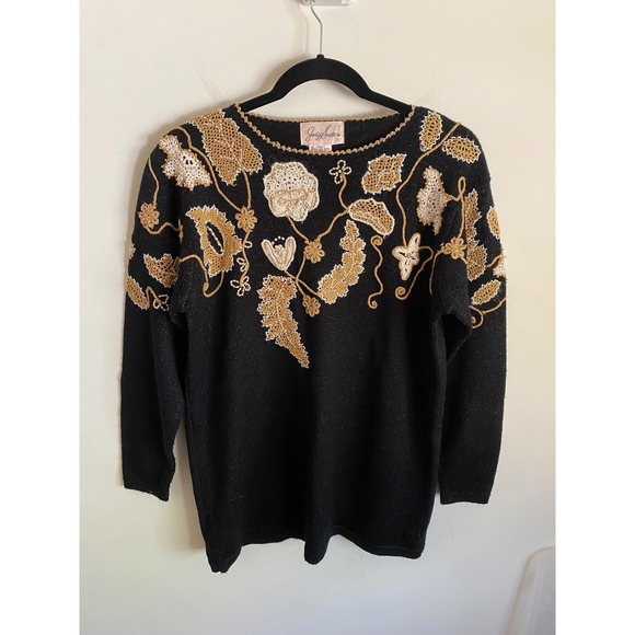 Jaclyn Smith Sweaters - Jaclyn Smith Vintage Black Gold Crochet Floral Pearl Beaded Knit Sweater M 9472